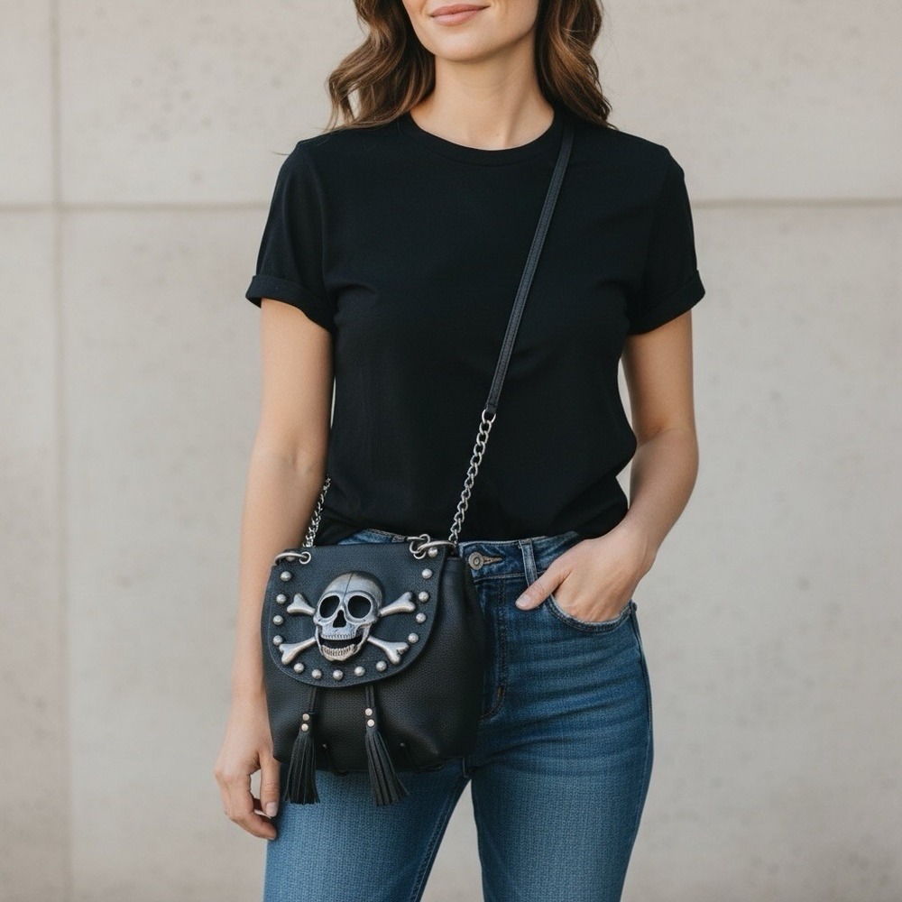 Black Leather Satchel w/heavy Metal Skull & Bones, Ohh Ashley, Vintage, 8 x 7